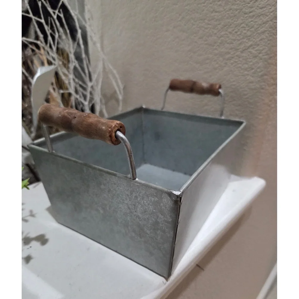 Rae Dunn Galvanized Metal Storage Bin Basket KEEP with Wood Handles Farmhouse